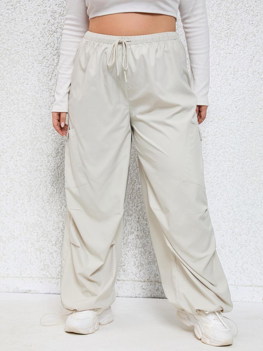 CovetEZ 大碼腰部抽繩褶皺運動褲 - 米色 - 查看 1