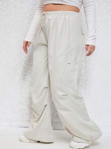 CovetEZ 大碼腰部抽繩褶皺運動褲 - 米色 - 查看 5