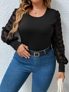 Plus Contrast Swiss Dot Mesh Lantern Sleeve Top - Black - View 2