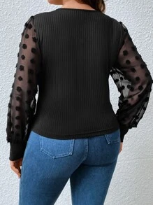 Plus Contrast Swiss Dot Mesh Lantern Sleeve Top - Black - View 4