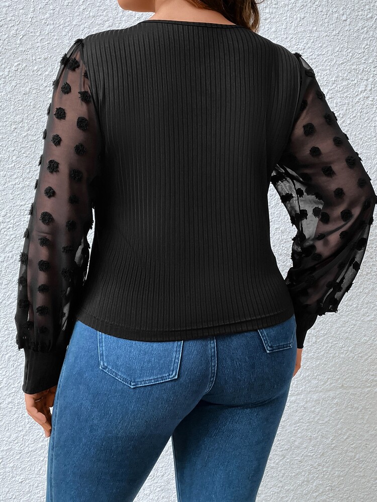 大碼拼接圓點網紗燈籠袖上衣 - 黑色 - 查看 4