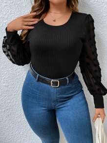 Plus Contrast Swiss Dot Mesh Lantern Sleeve Top - Black - View 3