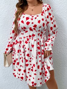 SHEIN Clasi Plus Heart Print Flounce Sleeve Dress - Red and White - View 1