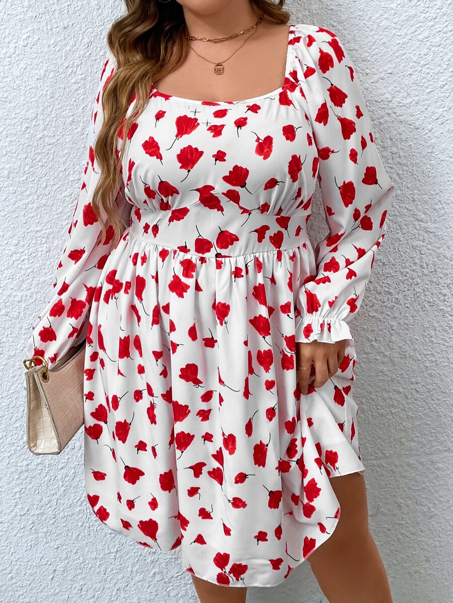 SHEIN Clasi Plus Heart Print Flounce Sleeve Dress - Red and White - View 1