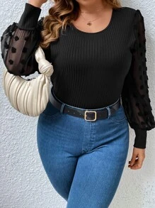 Plus Contrast Swiss Dot Mesh Lantern Sleeve Top - Black - View 5