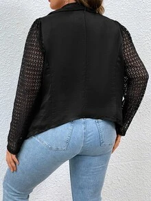 SHEIN LUNE Plus Contrast Lace Puff Sleeve Asymmetrical Hem Open Front Blazer - Black - View 2