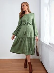 SHEIN 孕婦燈籠袖荷葉邊繫腰帶洋裝