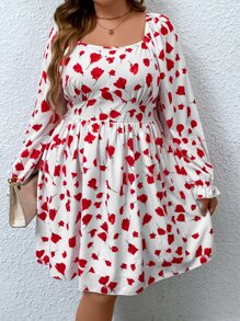 SHEIN Clasi Plus Heart Print Flounce Sleeve Dress - Red and White - View 5