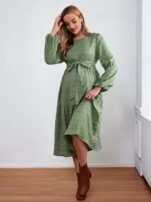 SHEIN 孕婦燈籠袖荷葉邊繫腰帶洋裝