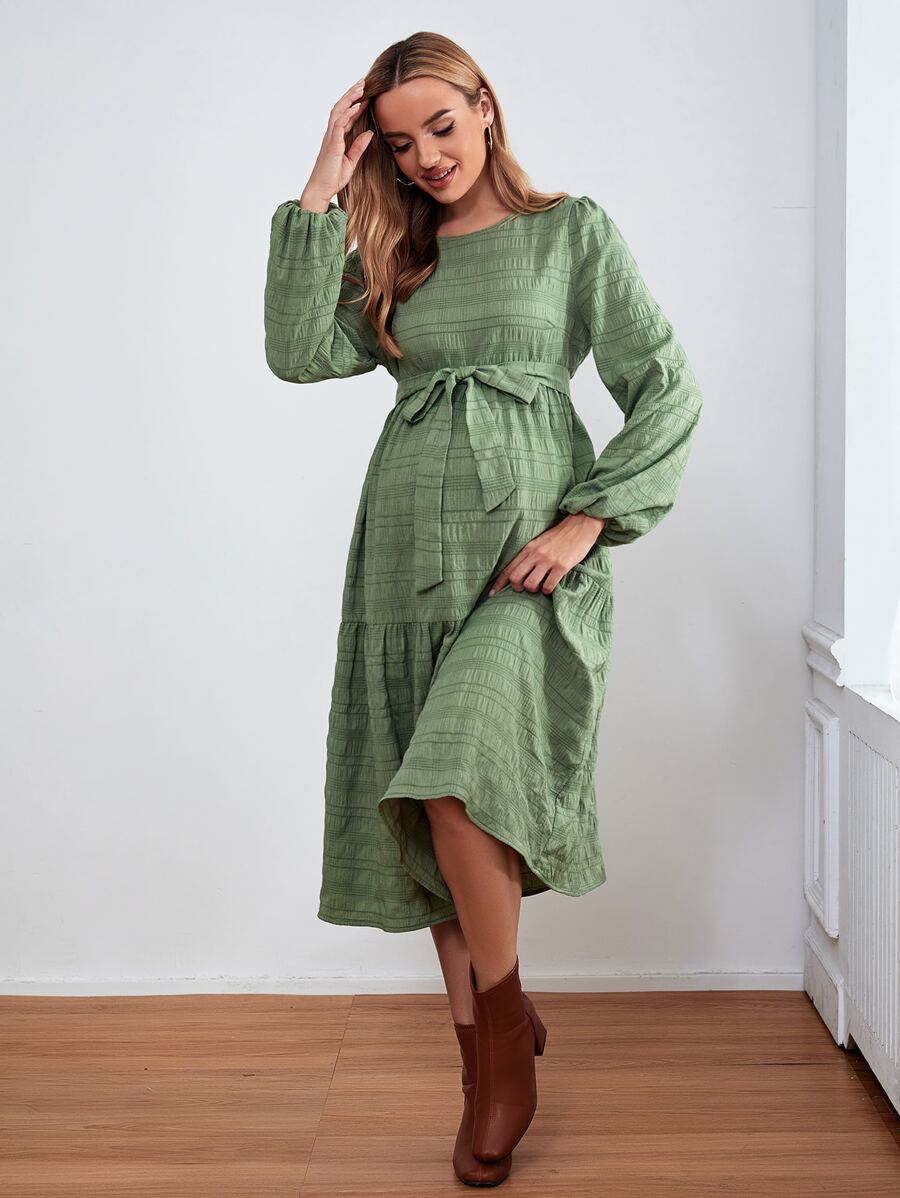 SHEIN 孕婦燈籠袖荷葉邊繫腰帶洋裝