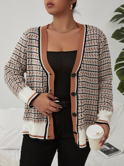 SHEIN Clasi Plus Size Women French Gingham Plaid Stripe Trim Wool Blend Sweater, Winter Fall Cloth For Women