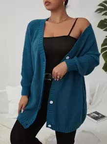 SHEIN Franclia áo hở cổ kích thước lớn Nút phía trước màu trơn Giải trí - Màu xanh ngọc - Xem 1