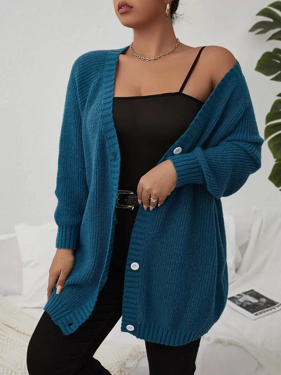 SHEIN Franclia áo hở cổ kích thước lớn Nút phía trước màu trơn Giải trí - Màu xanh ngọc - Xem 1