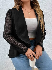 SHEIN LUNE Plus Contrast Lace Puff Sleeve Asymmetrical Hem Open Front Blazer - Black - View 5