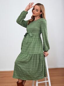SHEIN 孕婦燈籠袖荷葉邊繫腰帶洋裝