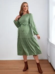 SHEIN 孕婦燈籠袖荷葉邊繫腰帶洋裝