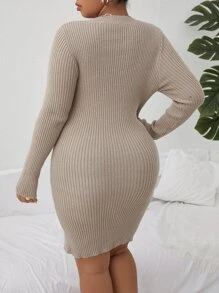 Plus Button Detail Split Hem Ribbed Knit Jumper Dress - Apricot - View 2
