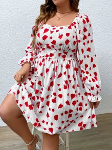 SHEIN Clasi Plus Heart Print Flounce Sleeve Dress - Red and White - View 6