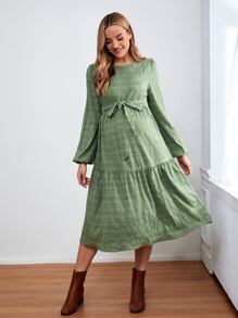 SHEIN 孕婦燈籠袖荷葉邊繫腰帶洋裝