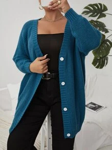 SHEIN Franclia áo hở cổ kích thước lớn Nút phía trước màu trơn Giải trí - Màu xanh ngọc - Xem 3