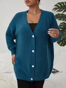 SHEIN Franclia áo hở cổ kích thước lớn Nút phía trước màu trơn Giải trí - Màu xanh ngọc - Xem 4