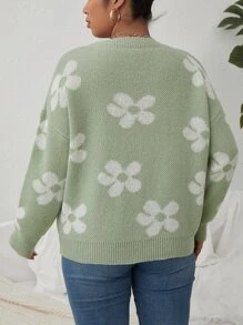 Vionelle 加大码碎花图案落肩毛衣，适合冬季或秋季穿着的针织套头衫 - 薄荷綠 - 查看 2