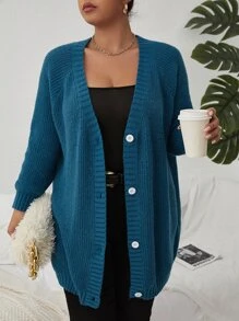 SHEIN Franclia áo hở cổ kích thước lớn Nút phía trước màu trơn Giải trí - Màu xanh ngọc - Xem 5