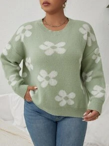 Vionelle 加大码碎花图案落肩毛衣，适合冬季或秋季穿着的针织套头衫 - 薄荷綠 - 查看 3