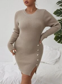 Plus Button Detail Split Hem Ribbed Knit Jumper Dress - Apricot - View 5