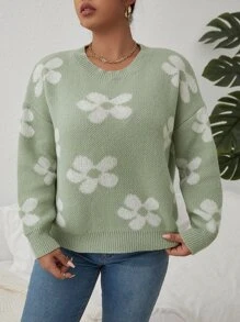 Vionelle 加大码碎花图案落肩毛衣，适合冬季或秋季穿着的针织套头衫 - 薄荷綠 - 查看 5