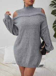 Celure Plus Turtleneck Cable Knit Drop Shoulder Jumper Dress Without Belt - Grey - View 1