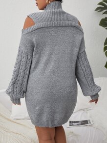 Celure Plus Turtleneck Cable Knit Drop Shoulder Jumper Dress Without Belt - Grey - View 2