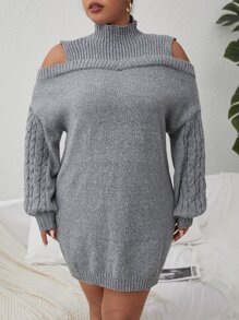 Celure Plus Turtleneck Cable Knit Drop Shoulder Jumper Dress Without Belt - Grey - View 3