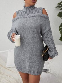 Celure Plus Turtleneck Cable Knit Drop Shoulder Jumper Dress Without Belt - Grey - View 4