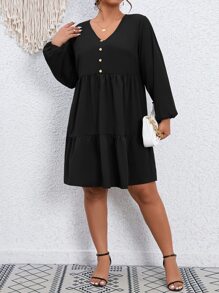 Vestido smock de manga farol bajo con fruncido - Negro - Ver 1