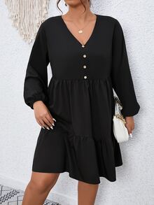 Vestido smock de manga farol bajo con fruncido - Negro - Ver 3