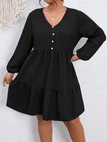 Vestido smock de manga farol bajo con fruncido - Negro - Ver 4