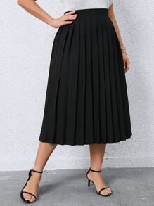 SHEIN Clasi Plus Solid Pleated Hem Pleated Skirt - Black - View 3