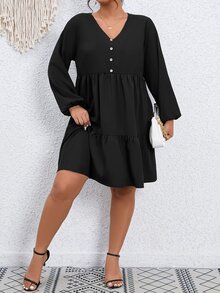 Vestido smock de manga farol bajo con fruncido - Negro - Ver 5