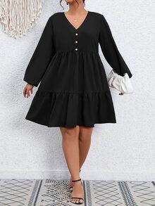 Vestido smock de manga farol bajo con fruncido - Negro - Ver 6