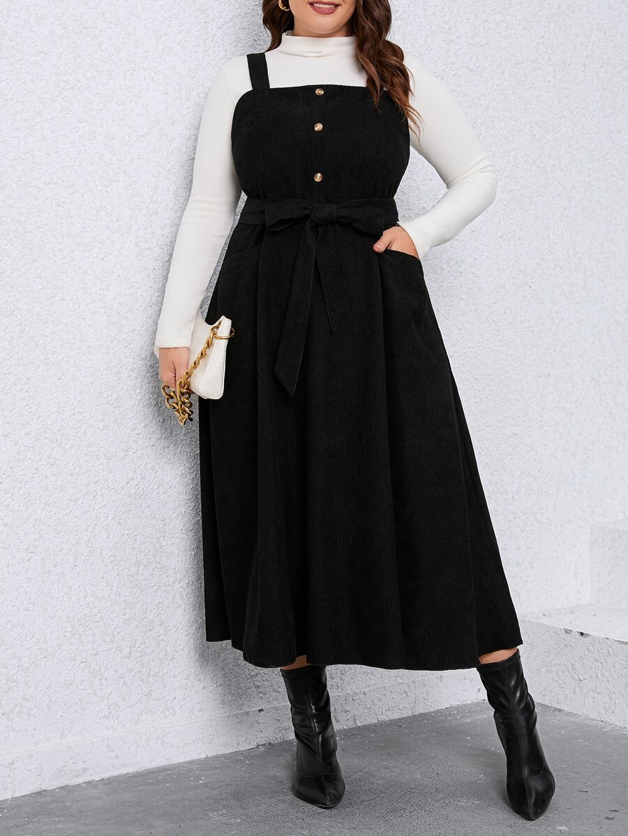 SHEIN LUNE Đầm Plus Size Thắt lưng Túi Dây kéo màu trơn Thanh lịch - màu đen - Xem 1