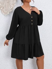 Vestido smock de manga farol bajo con fruncido - Negro - Ver 7