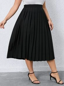 SHEIN Clasi Plus Solid Pleated Hem Pleated Skirt - Black - View 4