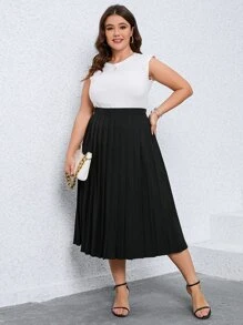 SHEIN Clasi Plus Solid Pleated Hem Pleated Skirt - Black - View 5