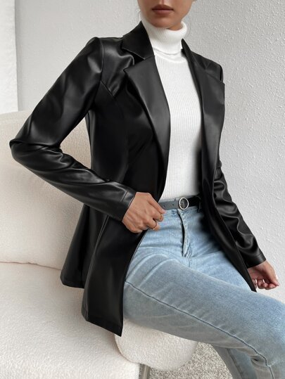 Firerie Lapel Collar Single Button PU Black Coatwinter,Business Casual, Elegant,Black, PU