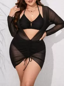 3 piezas Talla grande Tankini de triángulo halter y cubierta de cordón para playa de verano - Negro - Ver 1