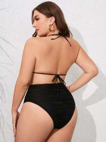 3 piezas Talla grande Tankini de triángulo halter y cubierta de cordón para playa de verano - Negro - Ver 2