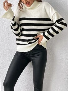 SHEIN Essnce Jersey con patrón de rayas cuello alto de manga con abertura - Albaricoque - Ver 1