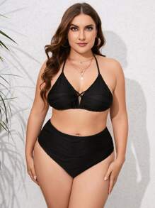 3 piezas Talla grande Tankini de triángulo halter y cubierta de cordón para playa de verano - Negro - Ver 3