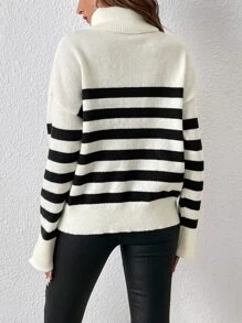 SHEIN Essnce Jersey con patrón de rayas cuello alto de manga con abertura - Albaricoque - Ver 2